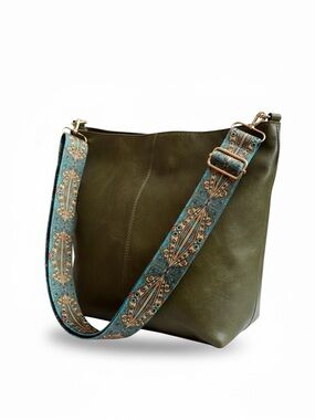 Olive Green Vegan Leather Crossbody Bag with Decorative Turquoise Strap